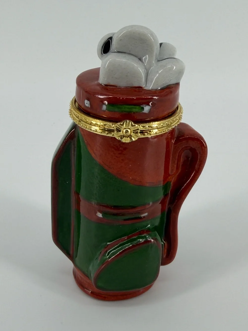 Vintage Golf Bag & Clubs Porcelain Hinged Trinket Box in Green Brown Gold